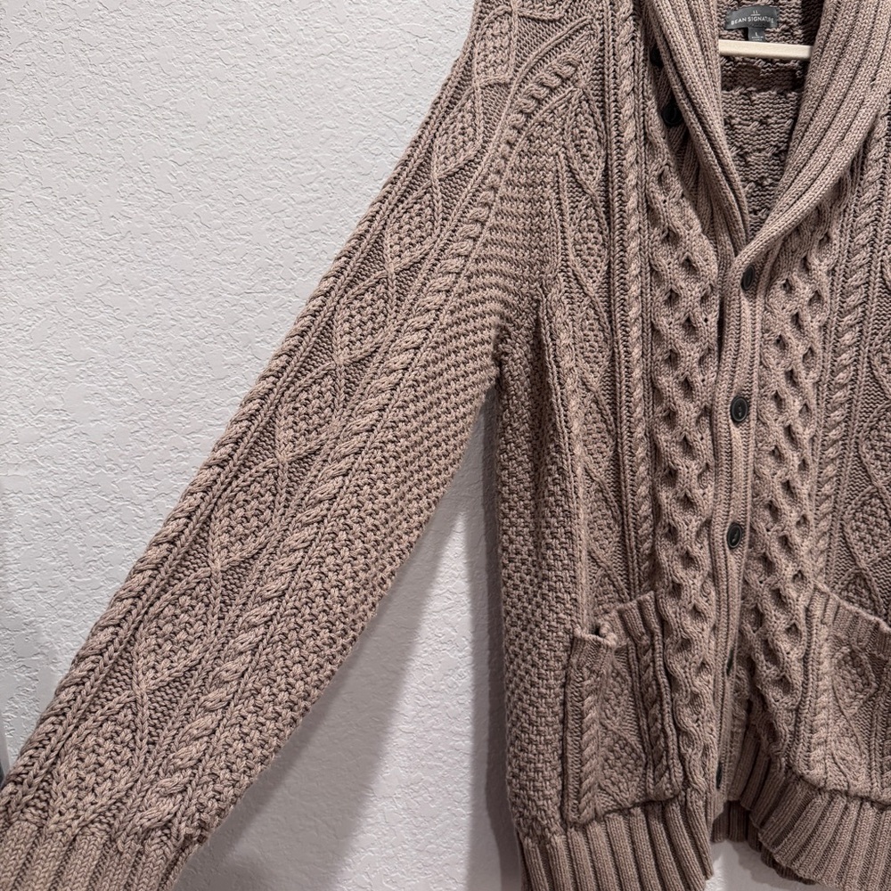 LLBean Signature Fisherman Cable Knit Sweater Cardigan Grandpa Cotton Brwn Tan L - Picture 9 of 16